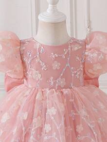 SHEIN Glamorique Kids 女嬰生日派對、婚禮節日舞會禮服裙，後背大蝴蝶結，薄紗3D花朵公主裙，中東、歐美風格，四季皆宜 - 藕粉色 - 查看 7