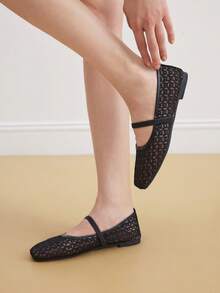 Eladyva 夏季新款弹力带网眼镂空女式平底鞋，时尚透气玛丽珍芭蕾舞鞋，休闲日常通勤一脚蹬平底鞋，适合夏季度假，母亲节礼物 - 黑色 - 查看 8