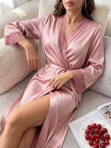 Rafferiza 优雅蕾丝拼接长款女士睡袍，奢华家居服，舒适优雅细节，秋冬必备 - 藕粉色 - 查看 8