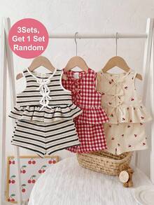 Baby Girl Knitted Striped Round Neck Tank Top And Shorts ,3 Sets, Get 1 Set Random - Black and White - View 3