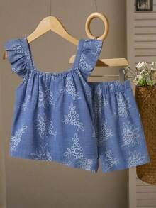 SHEIN Tween Girl Vacation Botanical Print Flutter Sleeve Top And Shorts Set - Blue - View 6