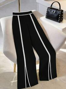 SHEIN CURVE+ Plus Size Women's Commuter Fashion Color Block Design Black & White Split Straight Leg Pants - Black and White - View 3