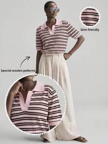Ontre Elegant Versatile Contrast Color Striped Knit Short Sleeve Top With Turn-Down Collar - Multicolor - View 3