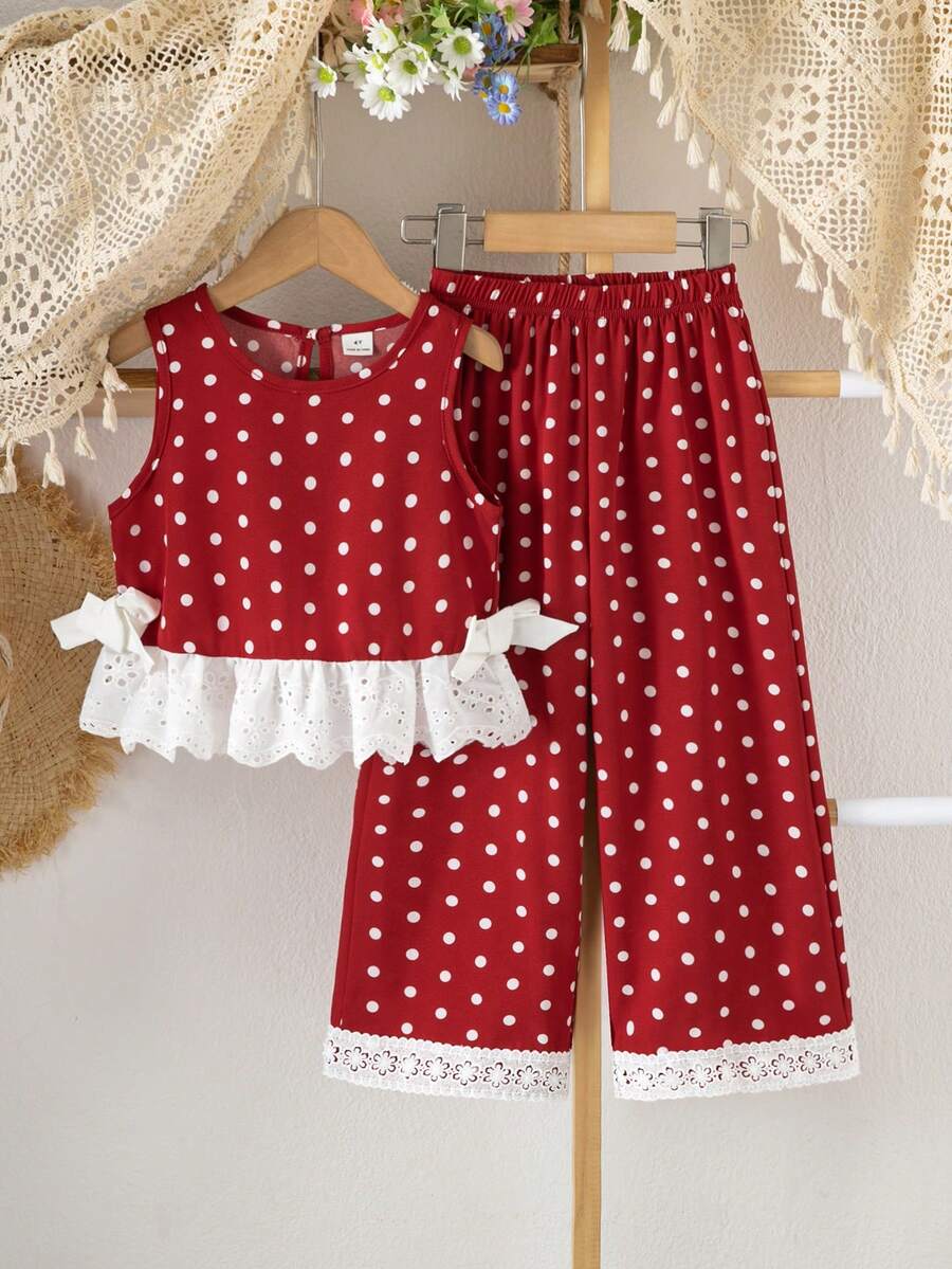 SHEIN Genkimix Kids 女童活潑可愛紅白圓點印花圓領無袖背心上衣，側邊3D蝴蝶結裝飾，搭配寬鬆直筒寬腿褲，夏季休閒套裝