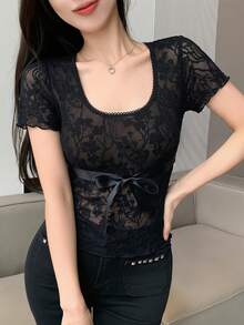 DAZY 春秋夏季黑色花卉透視薄紗蝴蝶結拼接修身女上衣，優雅性感，適合婚禮、夜店、派對、晚宴 - 黑色 - 查看 5