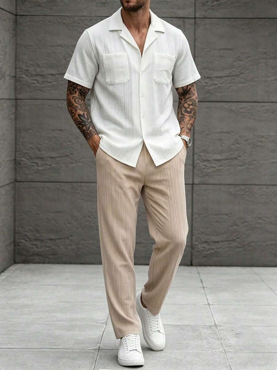 Manfinity CasualCool 2件組男士白色夏季休閒度假純色紋理短袖襯衫與抽繩腰鬆直筒長褲套裝,戶外、正式 - 彩色 - 查看 1