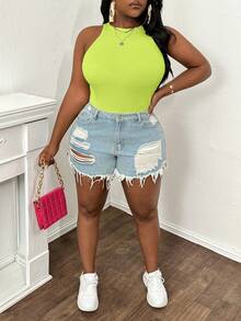 Slaydiva Plus Size Casual Basic Fitted White Crew Neck Off-Shoulder Tank Top-C - Olive Green - View 6