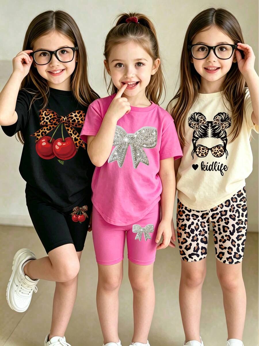 6件組 春夏秋季 幼女 創意個性化 豹紋櫻桃蝴蝶結 卡通繪畫女孩角色圖案 亮面蝴蝶結印花 休閒短袖T恤與單車褲套裝 - 彩色 - 查看 1