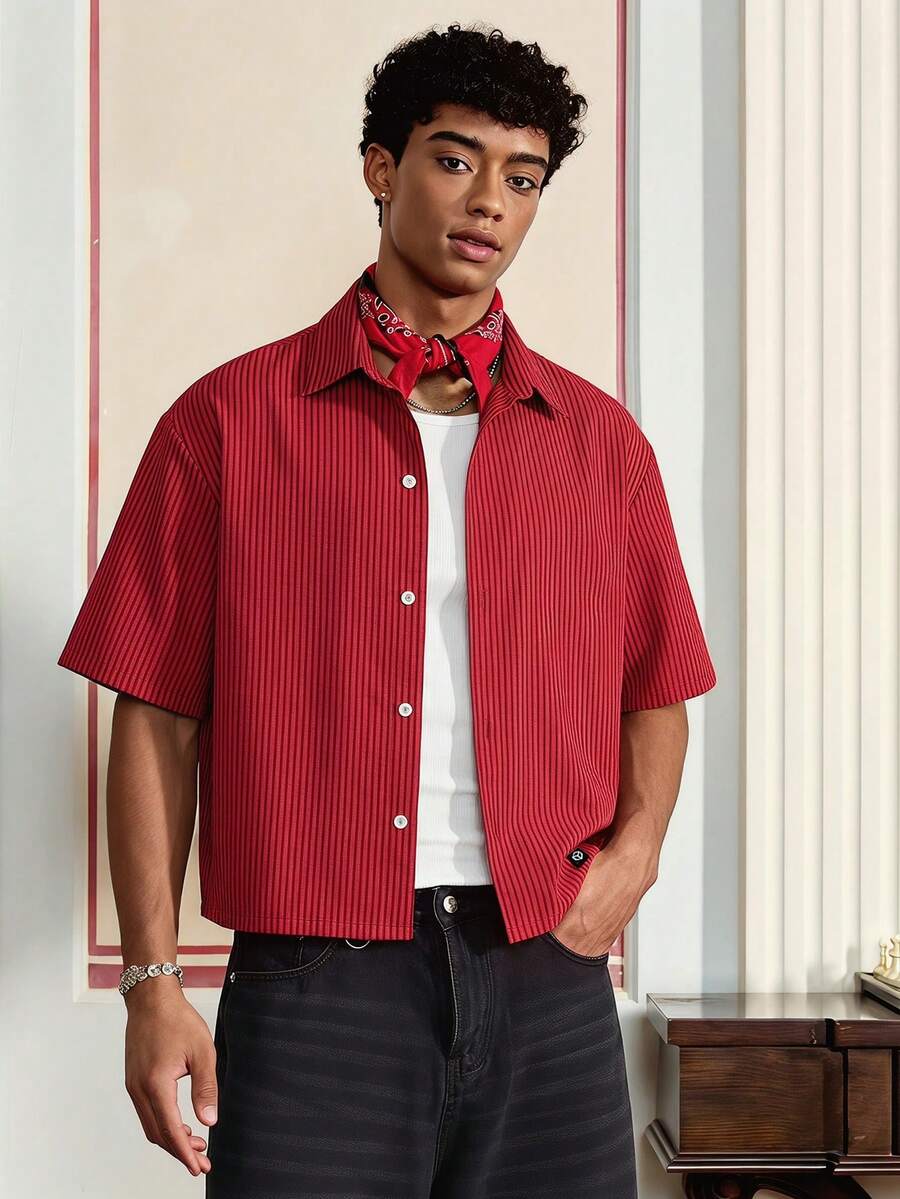 SWAVVY Men's Single-Breasted Polyester-Spandex Woven Yarn-Dyed Red And Black Striped Short Sleeve Shirt - Red - View 1