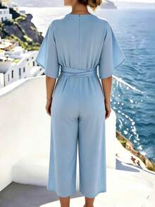 SHEIN LUNE CURVE Summer Light Blue V-Neck Wrap Wide Leg Loose Fit Overall V-Neck Wrap Overlap Design Mid-Length / 5-Sleeve Batwing Sleeve French Relaxed Vacation Style Plus Size Jumpsuit - Blue - View 2