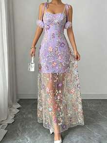 女款時尚優雅刺繡花卉細肩帶長洋裝，附3D花朵繫帶 - 紫色 - 查看 5
