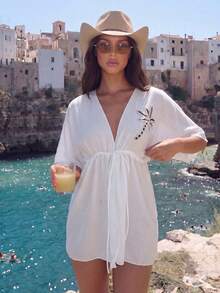 Swim Vcay 2026 New Women's Summer Beach Vacation Short-Sleeved, Loose-Fitting White Beach Kimono Cover-Up With Coconut Tree Decoration Tropical - White - View 4