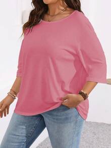 Plus Size Women's Solid Color Round Neck Dropped Shoulder 3/4 Sleeve Casual T-Shirt - Watermelon Pink - View 3