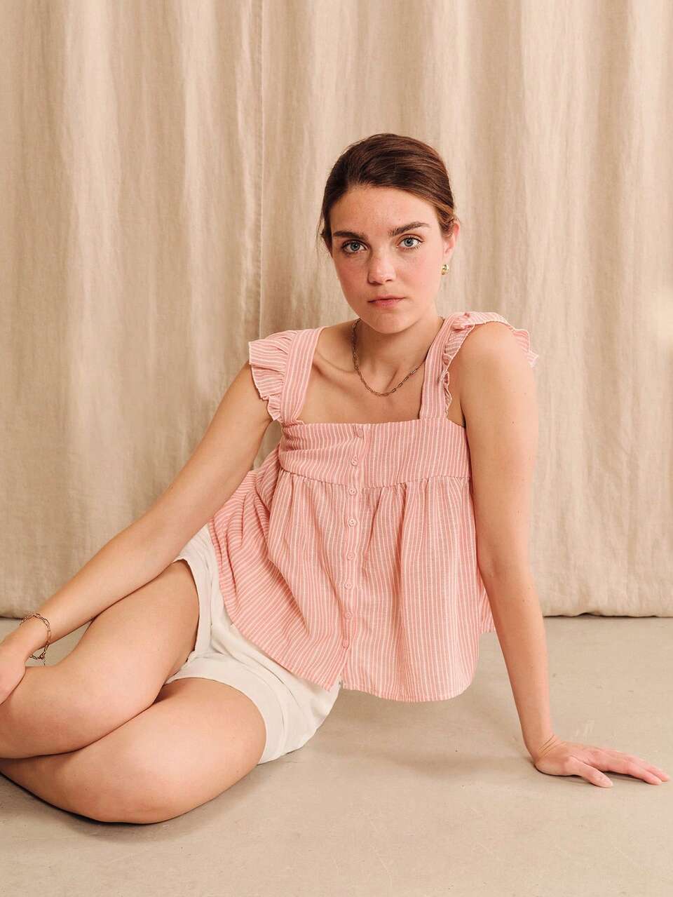 Pink Striped Square Neck Blouse Loose Fit, Ruffle Sleeves And Open Back With Self Tie Bow Summer Holiday Casual Vintage