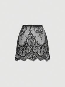 SHEIN MOD Saia curta versátil de renda da moda para mulher - Preto - Ver 4