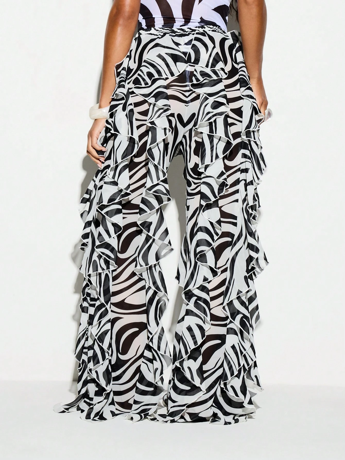 Swirl Print Ruffle Frill Flare Trouser