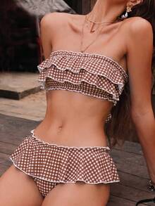 Swim Mod 女款兩件式比基尼套裝，全滿印小碎花平口上衣搭配低腰荷葉邊裙褲，休閒度假泳裝 - 彩色 - 查看 1