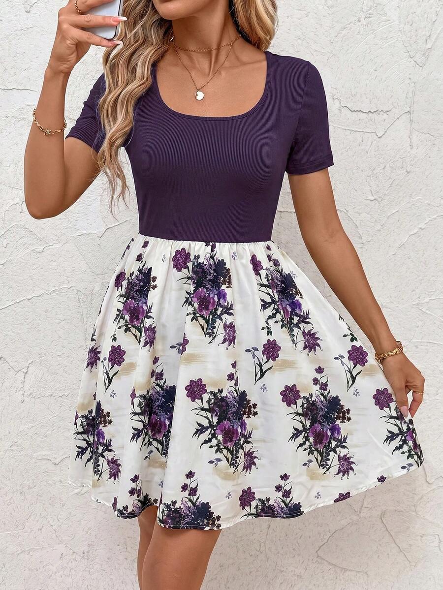 SHEIN Clasi Women's Vacation Ribbed Patchwork Floral Print Short Sleeve Dress Brunch Dark Purple Summer Cute Casual - Purple - View 1