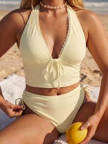 Swim Mod Plus Size Women's Tank Style Solid Color Textured Fabric Sports Casual Swimsuit - Yellow - View 5