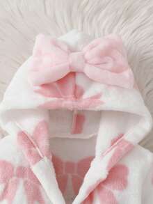 SHEIN 秋冬雙面法蘭絨蝴蝶結印花女嬰新生兒浴袍睡袍 - 粉色 - 查看 3