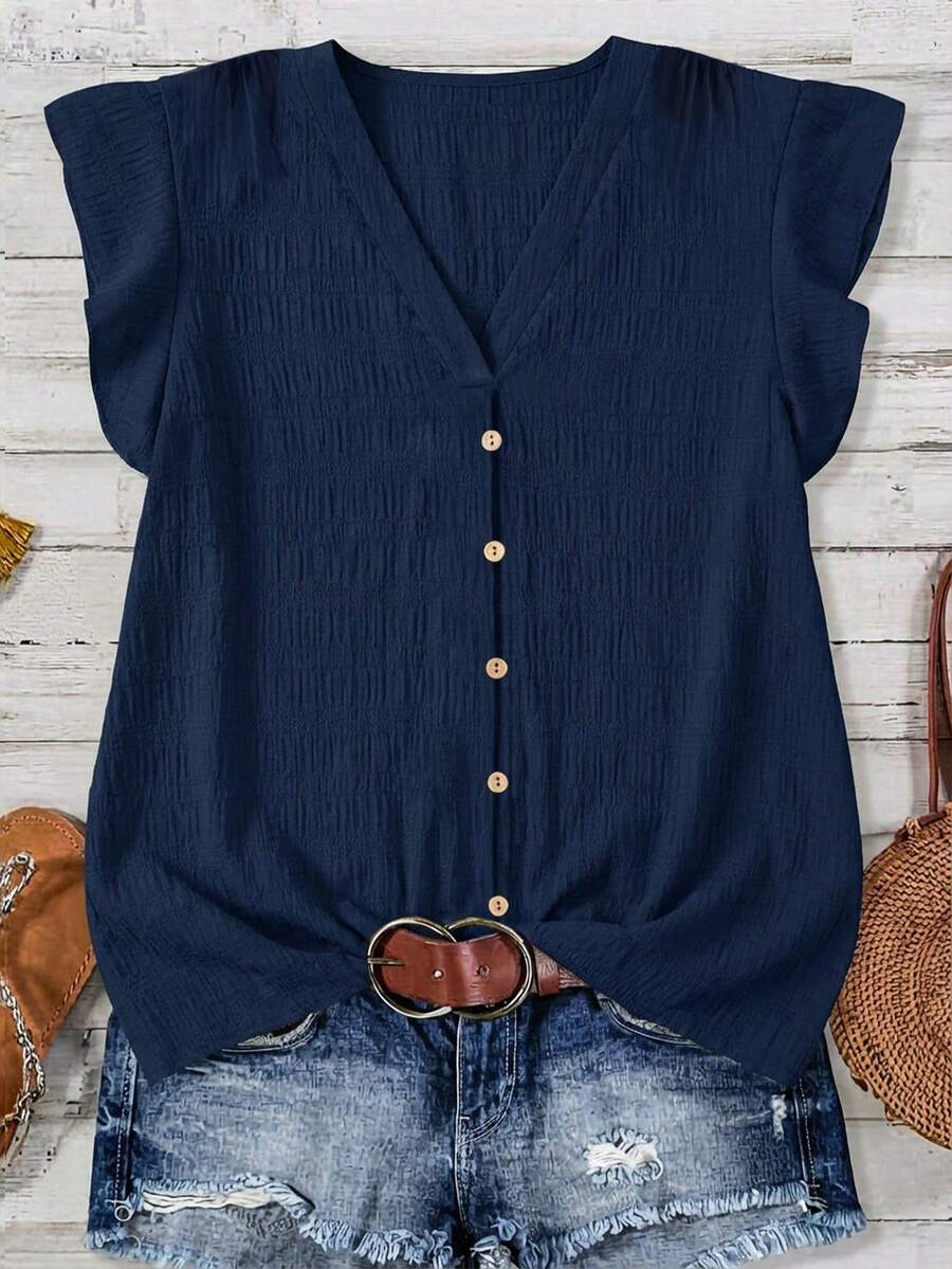 EMERY ROSE Casual Minimalist Navy Blue Solid Bubble Plaid Plus Size Shirt, Suitable For Summer - Navy Blue - View 1