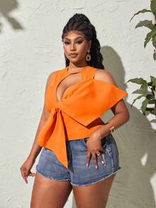 Maweii Sexy Vintage Large Bow Sleeveless Slim Fit Plus Size Women's Blouse - Orange - View 4