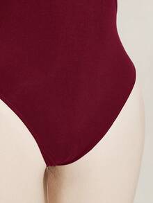 SHEIN ICON Women's Plus Size Solid Color Hollow Out Casual Versatile Daily Outing Short Sleeve Bodysuit - Burgundy - View 8