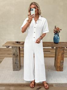EMERY ROSE Áo sơ mi jumpsuit nữ màu trơn tay ngắn, vạt cài nút nửa thân, phong cách casual cho đi du lịch - trắng - Xem 7