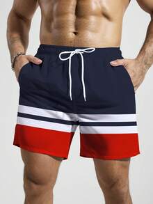 Surfspeed Men's Drawstring Waist Patchwork Color Casual Beach Shorts - Navy Blue - View 4