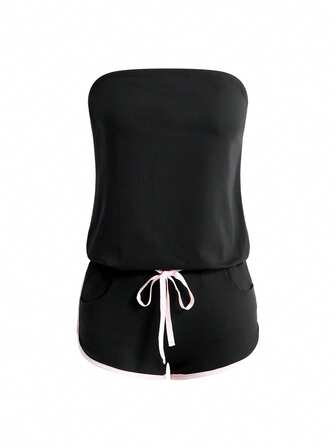 Mono bandeau deportivo retro sexy con bloques de color negro & rosa para mujer, primavera/verano