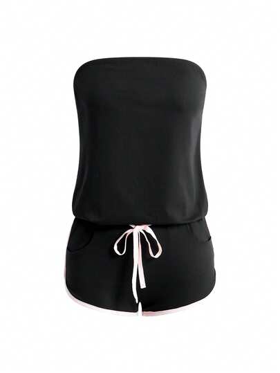 Women's Black & Pink Colorblock Y2K Sporty Retro Sexy Bandeau Jumpsuit, Spring/Summer