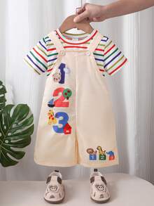 SHEIN Playful Pals Ensemble t-shirt à motifs graphiques et rayures colorés avec short bavette pour bébé garçon, coupe ample et confortable, convient pour les sorties quotidiennes, les activités scolaires, les rassemblements familiaux, les jeux en extérieur et les séances photo - Nude - Voir 1