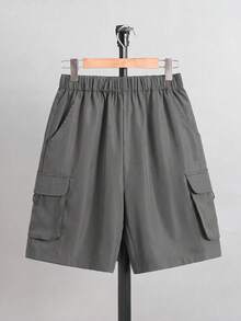 SHEIN Teen Boy Solid Color Elastic Waist Summer Casual Wide Leg Cargo Shorts - Grey - View 5