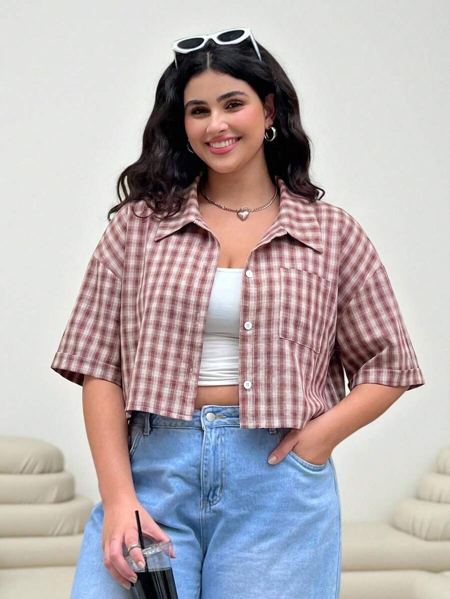 Solflare Plus Size Women's Plaid Single-Breasted Casual Versatile Daily Outing Shirt - Pink - View 1