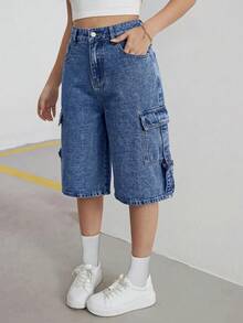 SHEIN Quần short denim túi cargo cúc cài đa năng dài đến gối thời trang cho nữ thiếu niên - Rửa tối - Xem 5