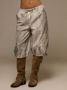 MUSERA Washed Effect Low Rise Cuffed Jorts Spring Summer Festival Vacation Ibiza Holiday Rave Sexy Y2k Utility Siren - Light Grey - View 2