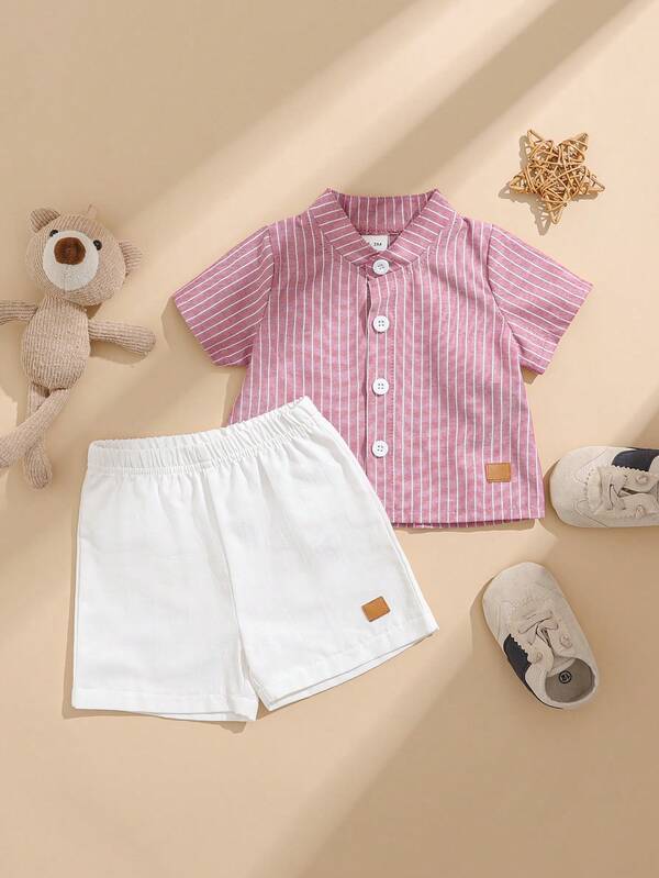 SHEIN Newborn Set Stand Collar Front Opening Short Sleeve Cotton Polyester Woven Striped Top With White Shorts Gentleman Style, Suitable For Daily Outings, Casual Vacation