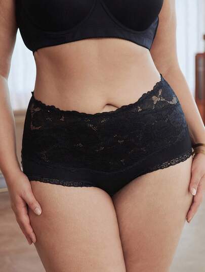 Quần lót ren cạp cao bằng cotton cỡ lớn cho nữ, họa tiết jacquard