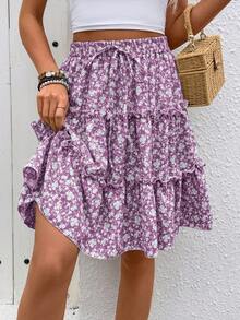 Breezaya Rok Bertingkat Berenda Motif Bunga untuk Liburan Musim Semi/Panas - Purple - View 4