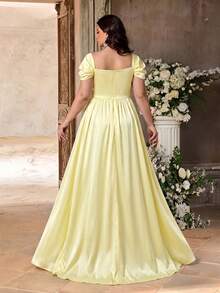 Aureia Plus Size Elegant Minimalist Regular Shoulder Ruched Waist Luxurious Satin Fitted Dress, Suitable For Weddings, Parties, Formal Events, Bridesmaid - Yellow - View 2