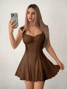 Sweetina Women's Solid Color Ruffle Back Tie Fashion Mini Dress - Brown - View 7
