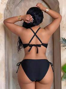 Maweii Traje de baño de una pieza con cuello en V profundo, unicolor y sexy para mujer de talla grande - Negro - Ver 2