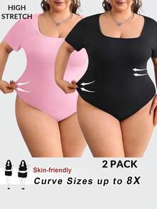 SHEIN CURVE+ 2pcs Plus Size Black & White Short Sleeve Tight Fit Bodysuit - Multicolor - View 1