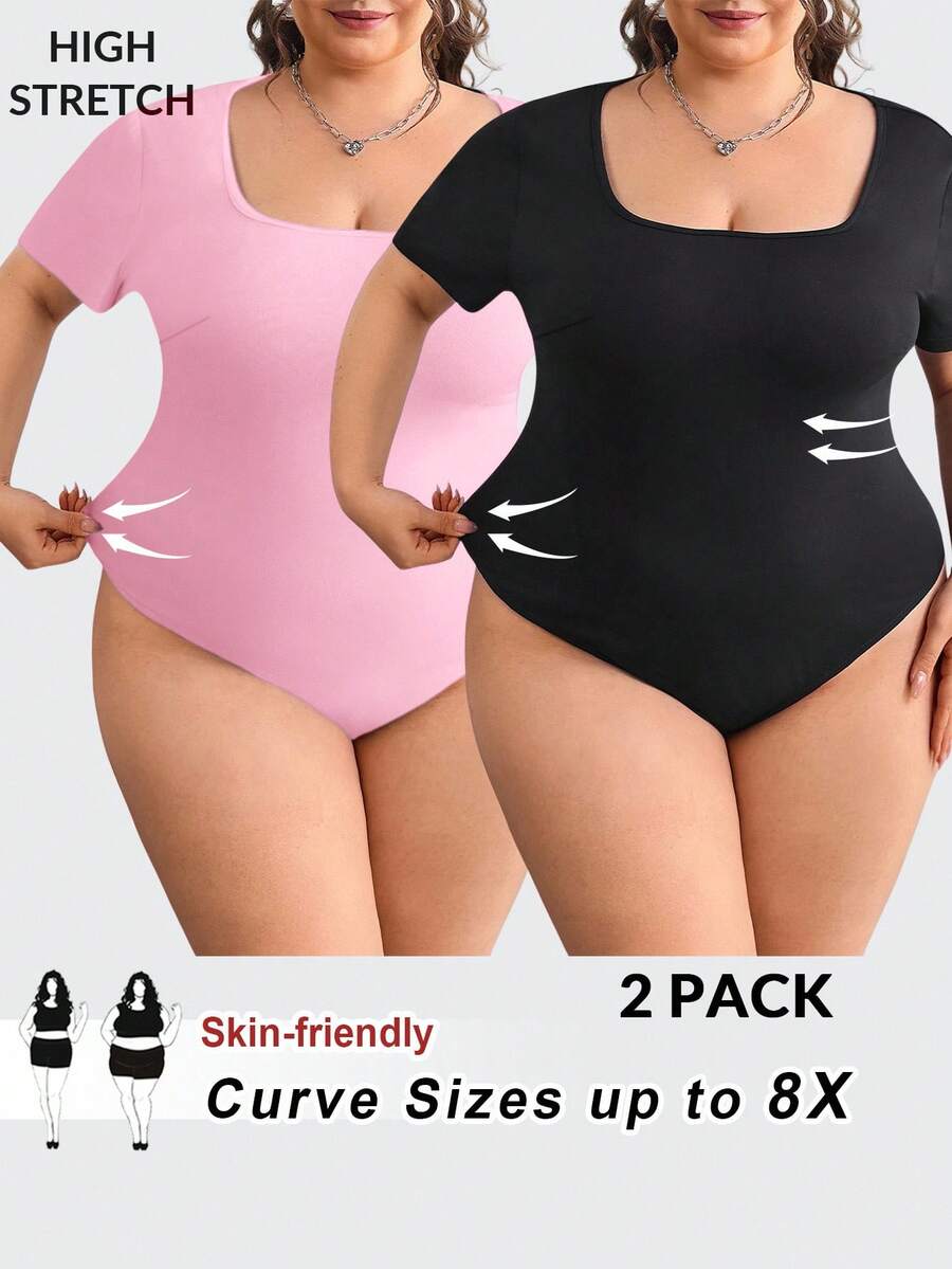 SHEIN CURVE+ 2pcs Plus Size Black & White Short Sleeve Tight Fit Bodysuit - Multicolor - View 1