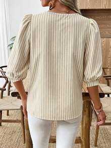 EMERY ROSE Women's Casual Commute Apricot Faux Texture Striped Print Lantern Sleeve Blouse Suitable For Spring And Summer - Multicolor - View 2