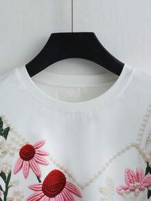 Everyssa Women's Cute T-Shirt White And Pink Floral Embroidery Pearl Print Round Neck Short Sleeve Summer Top,Suitable For Tea Party,Vacation & Casual Wear - Multicolor - View 3