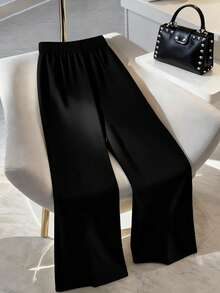 SHEIN CURVE+ Plus Size Women's Commuter Fashion Color Block Design Black & White Split Straight Leg Pants - Black and White - View 2