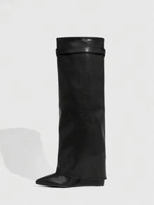 CUCCOO SZL Women's Pointed Toe Buckle Decor Tall Boots - Black - View 5