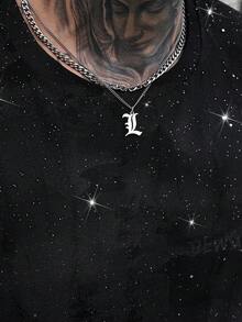 SLATEMANN 男士亮面水鑽短袖T恤，閃亮星星哥德風街頭穿搭，休閒圓領落肩上衣，夏季黑白城市度假風 - 黑色 - 查看 4