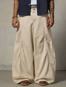 FRESIVO Pantalones largos holgados de pierna ancha con botones y bolsillos de unicolor de moda para hombres - Albaricoque - Ver 5